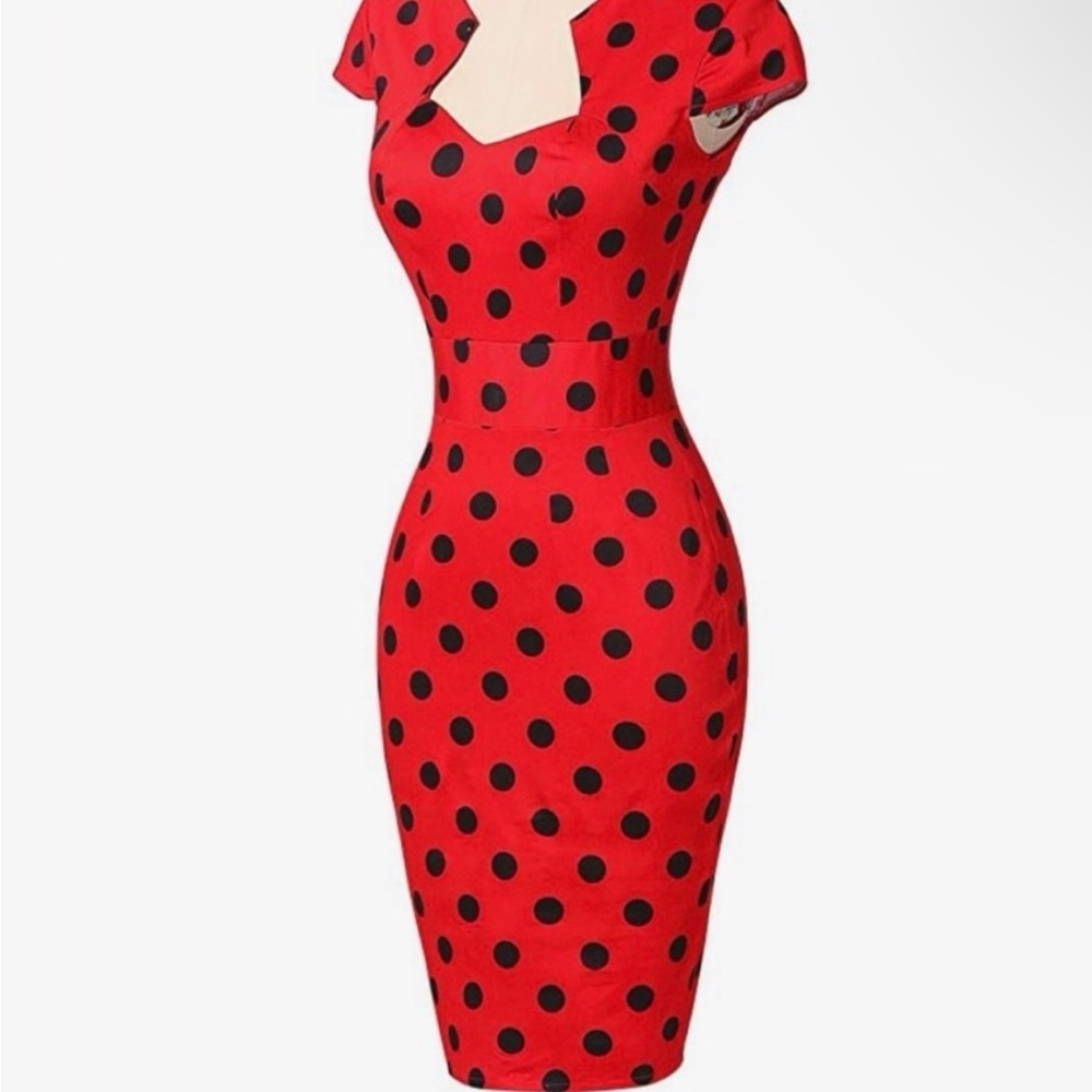 Grace Karin Red Polka Dot Sheath Dress with Black Dots